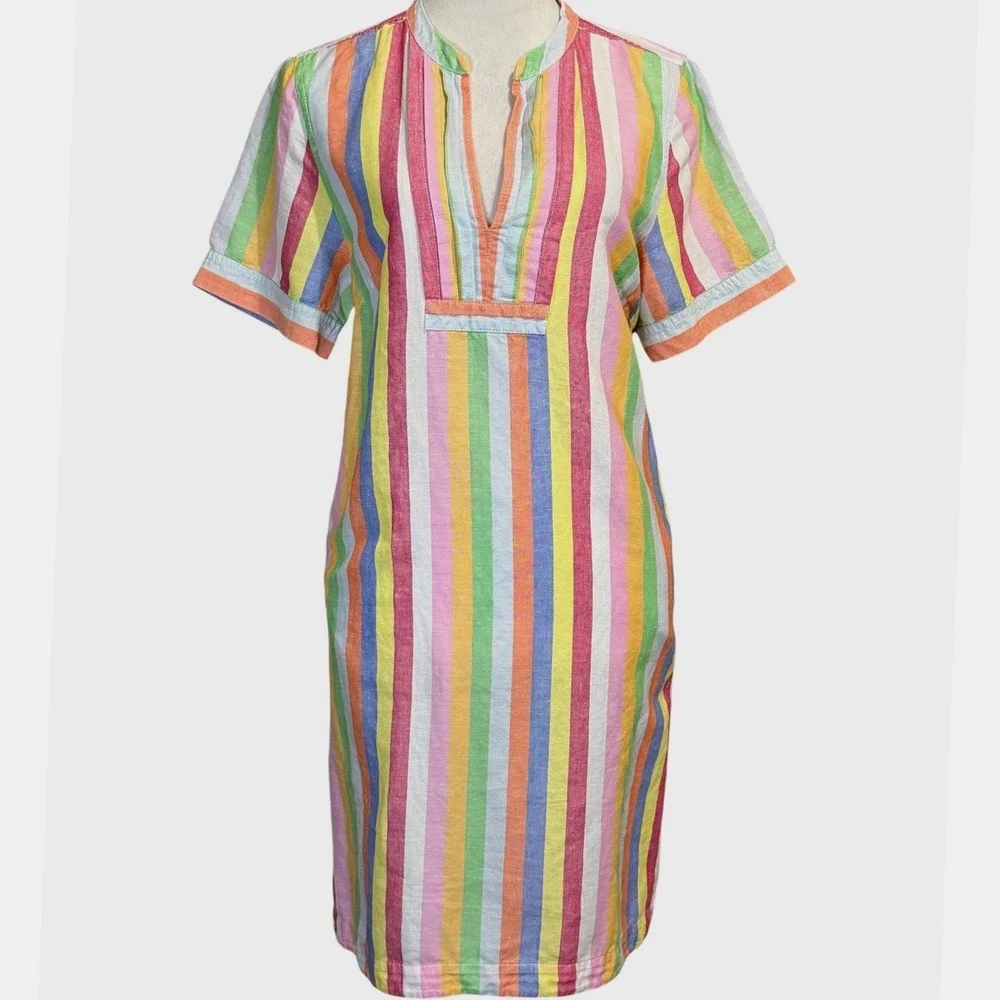J Crew Womens Multicolor Cotton Linen Striped Rainbow Shirt Dress Medium Coastal